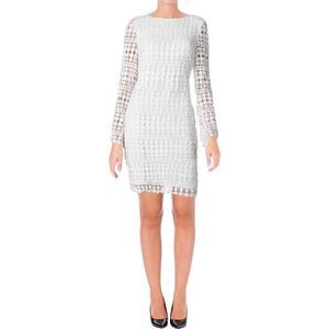 Ralph Lauren White Geometric Lace Overlay Long Sleeve Shift Cocktail Dress